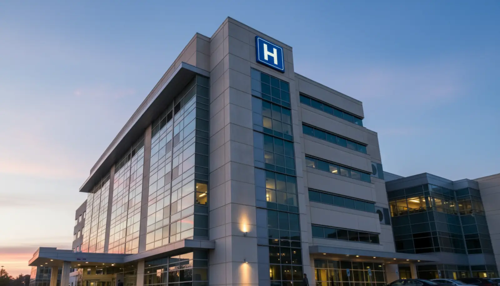 A hospital at dawn under clear sky — the rescue frame.